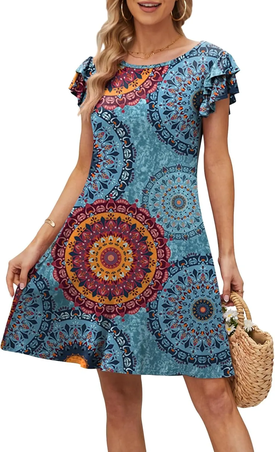 DB MOON Women 2025 Mini Dresses Summer Casual Ruffle Short Sleeve Cute Crew Neck Flowy Dress with Pockets