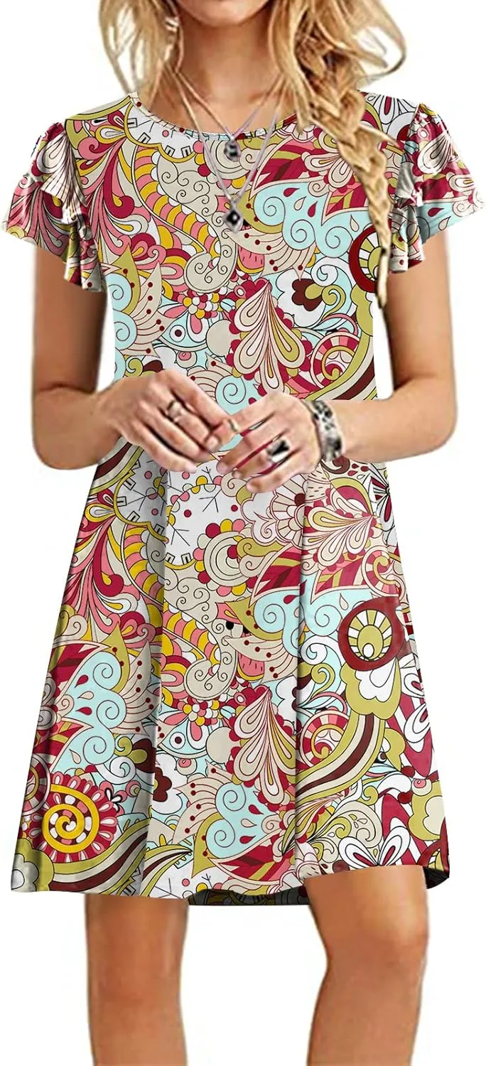 DB MOON Women 2025 Mini Dresses Summer Casual Ruffle Short Sleeve Cute Crew Neck Flowy Dress with Pockets