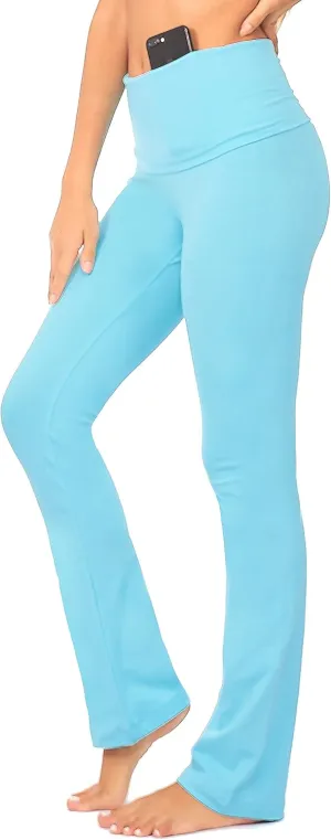 DEAR SPARKLE Bootcut Fold Over Leggings for Women | Slim Look Bootleg Yoga Pants w Pocket   Plus Size (C5 F)