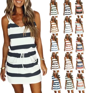 Dresses for Women 2023, Trendy Striped Beach Cover Up Boho Mini Dress Summer Casual Tunic Dress with Pockets