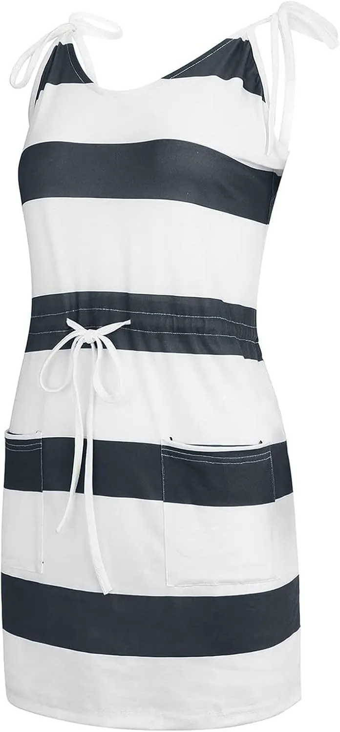 Dresses for Women 2023, Trendy Striped Beach Cover Up Boho Mini Dress Summer Casual Tunic Dress with Pockets