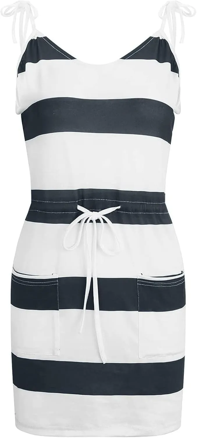 Dresses for Women 2023, Trendy Striped Beach Cover Up Boho Mini Dress Summer Casual Tunic Dress with Pockets