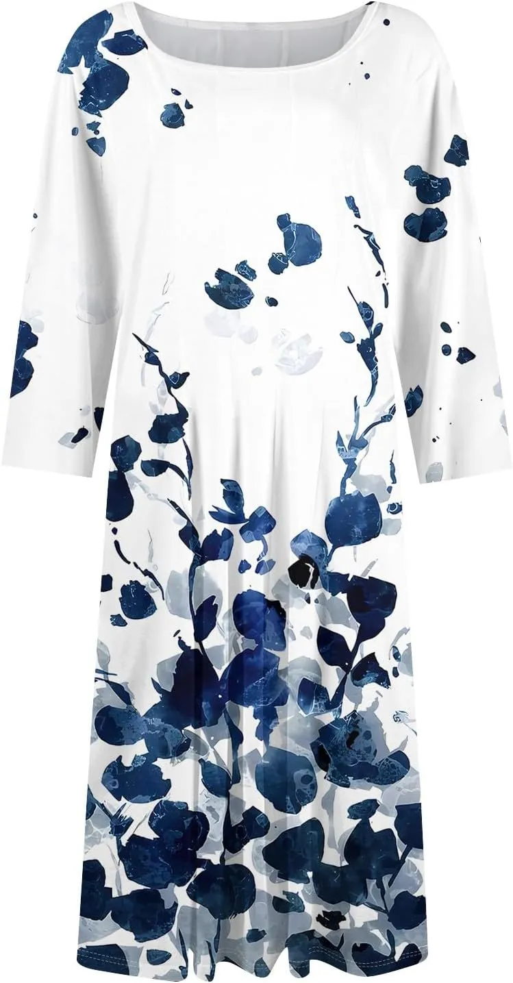 Dresses for Women 2025 Casual Summer Spring Midi Elegant Shirt Dress Knee Length Trendy Floral Sundresses 3/4 Sleeve