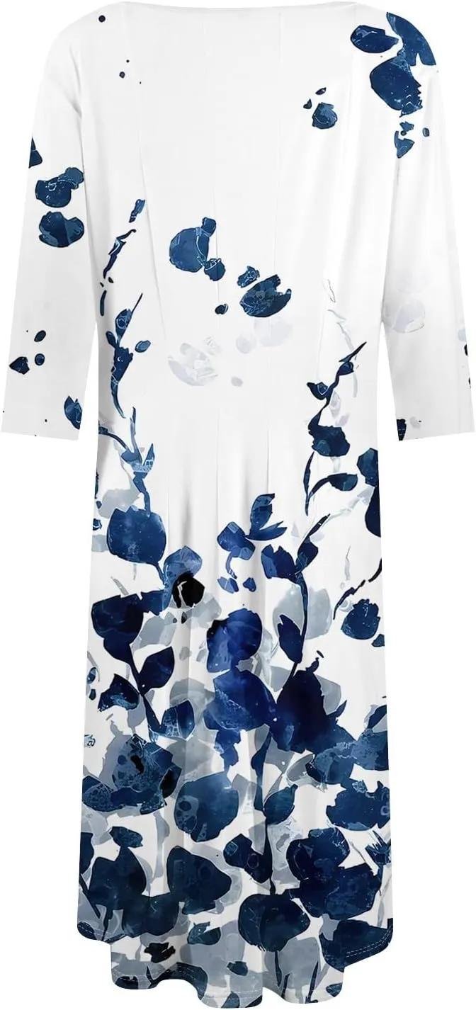 Dresses for Women 2025 Casual Summer Spring Midi Elegant Shirt Dress Knee Length Trendy Floral Sundresses 3/4 Sleeve