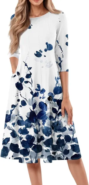 Dresses for Women 2025 Casual Summer Spring Midi Elegant Shirt Dress Knee Length Trendy Floral Sundresses 3/4 Sleeve