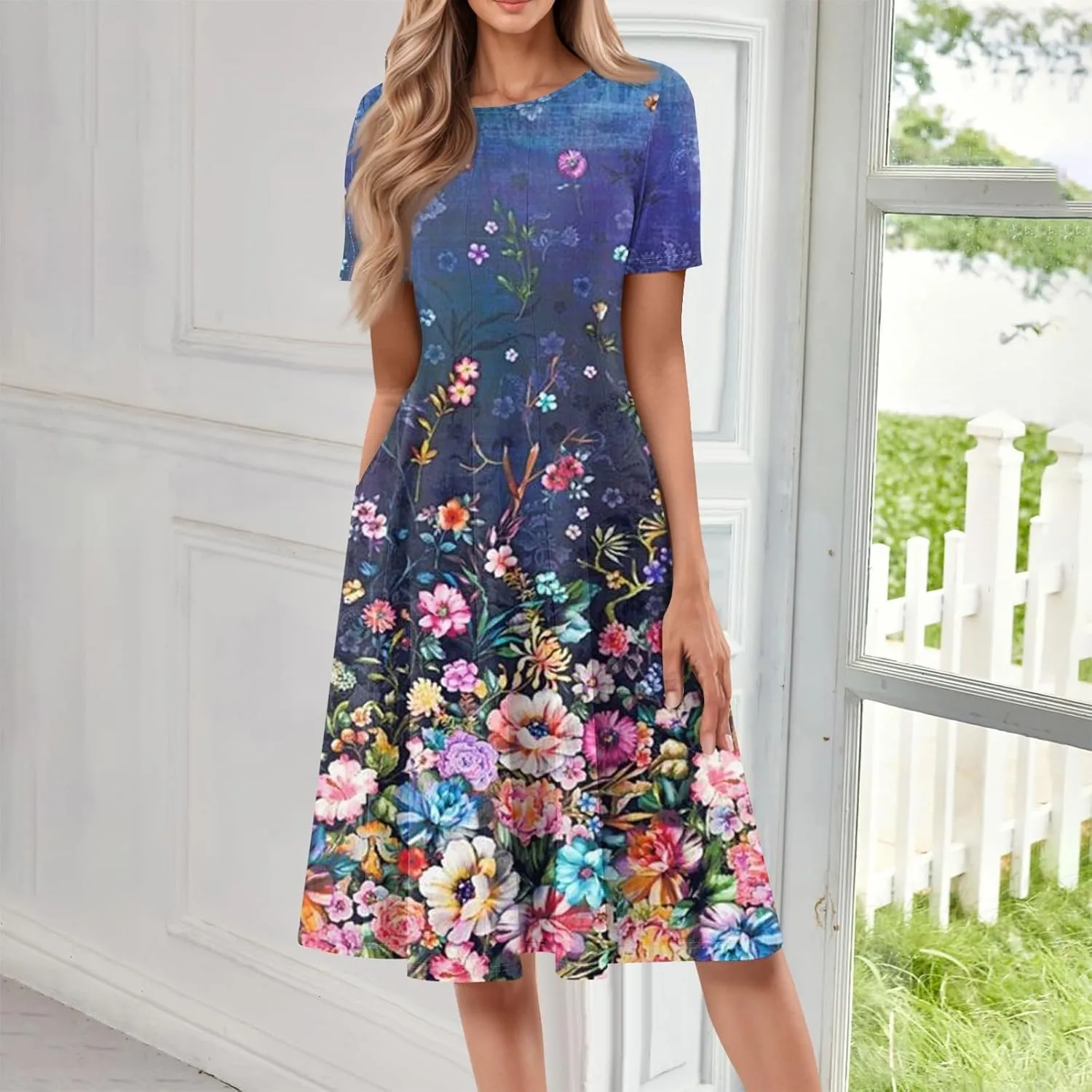 Dresses for Women 2025 Short Sleeve Round Neck Church Dress Pleated Knee Length Dress with Pockets Curvy Dress