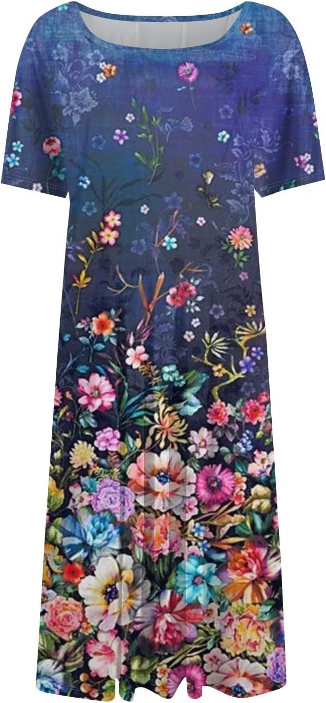 Dresses for Women 2025 Short Sleeve Round Neck Church Dress Pleated Knee Length Dress with Pockets Curvy Dress