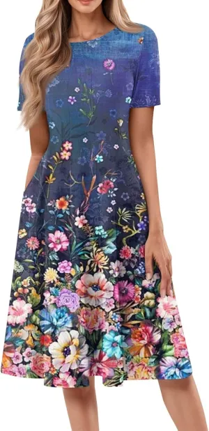 Dresses for Women 2025 Short Sleeve Round Neck Church Dress Pleated Knee Length Dress with Pockets Curvy Dress