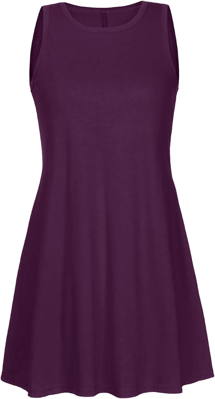 Dresses for Women Summer Sleeveless Casual Dress Solid Crewneck Sundresses Loose Midi Beach Clothes with Pocket