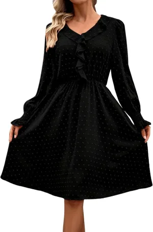 Dressy Swiss Dot A-Line Dress for Women Cute Ruffle Trim V Neck Long Sleeve Swing Dress Casual Flowy Mini Dresses