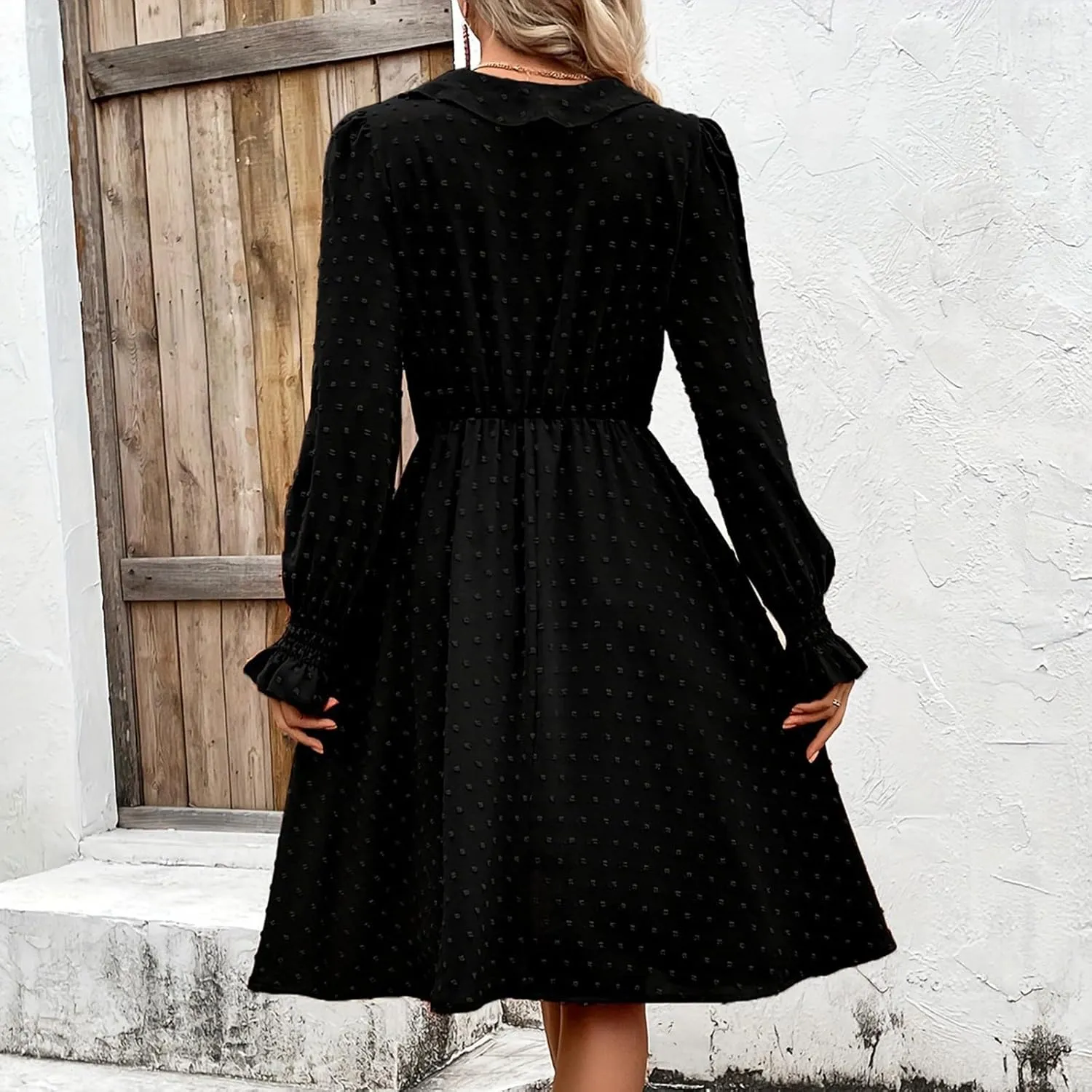 Dressy Swiss Dot A-Line Dress for Women Cute Ruffle Trim V Neck Long Sleeve Swing Dress Casual Flowy Mini Dresses