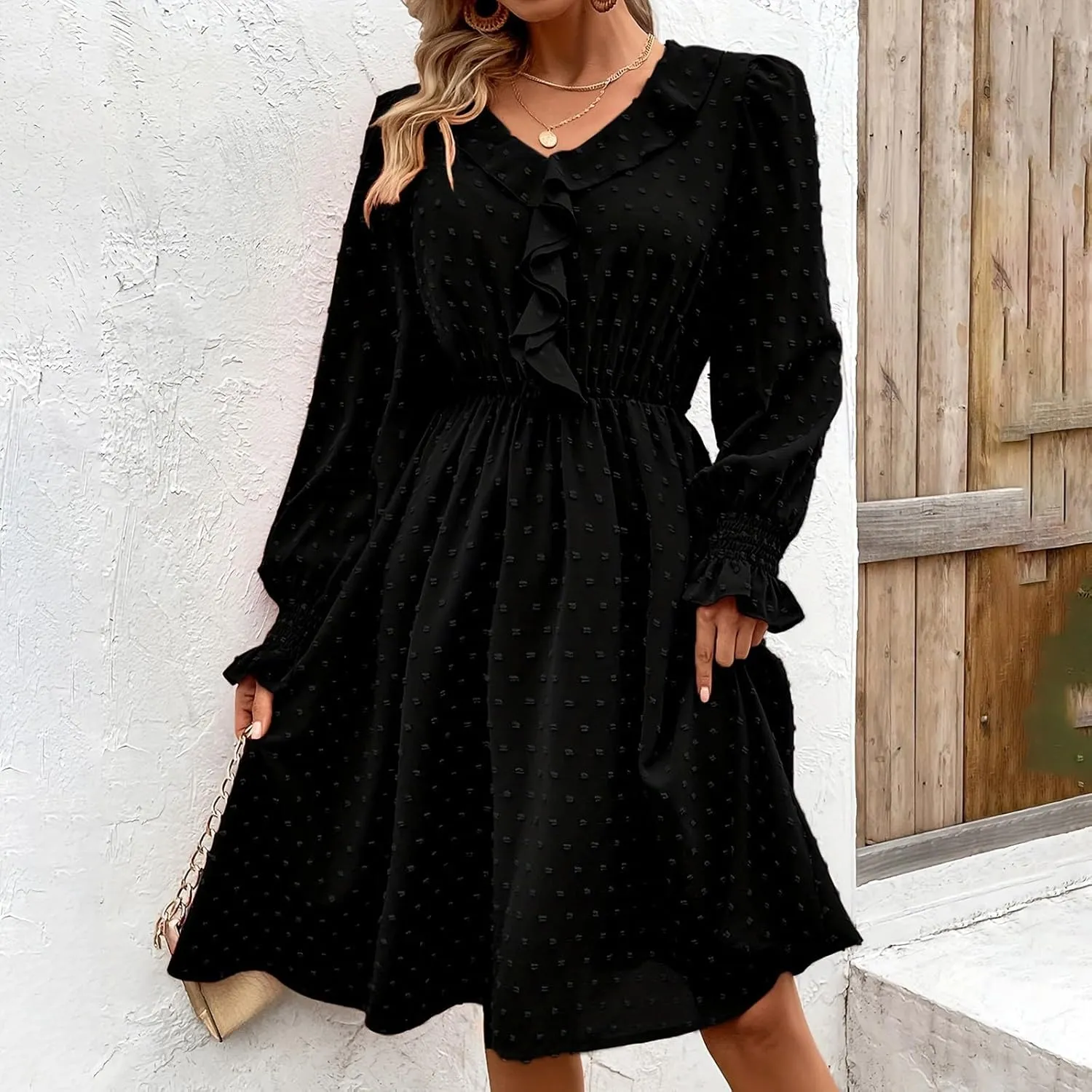 Dressy Swiss Dot A-Line Dress for Women Cute Ruffle Trim V Neck Long Sleeve Swing Dress Casual Flowy Mini Dresses