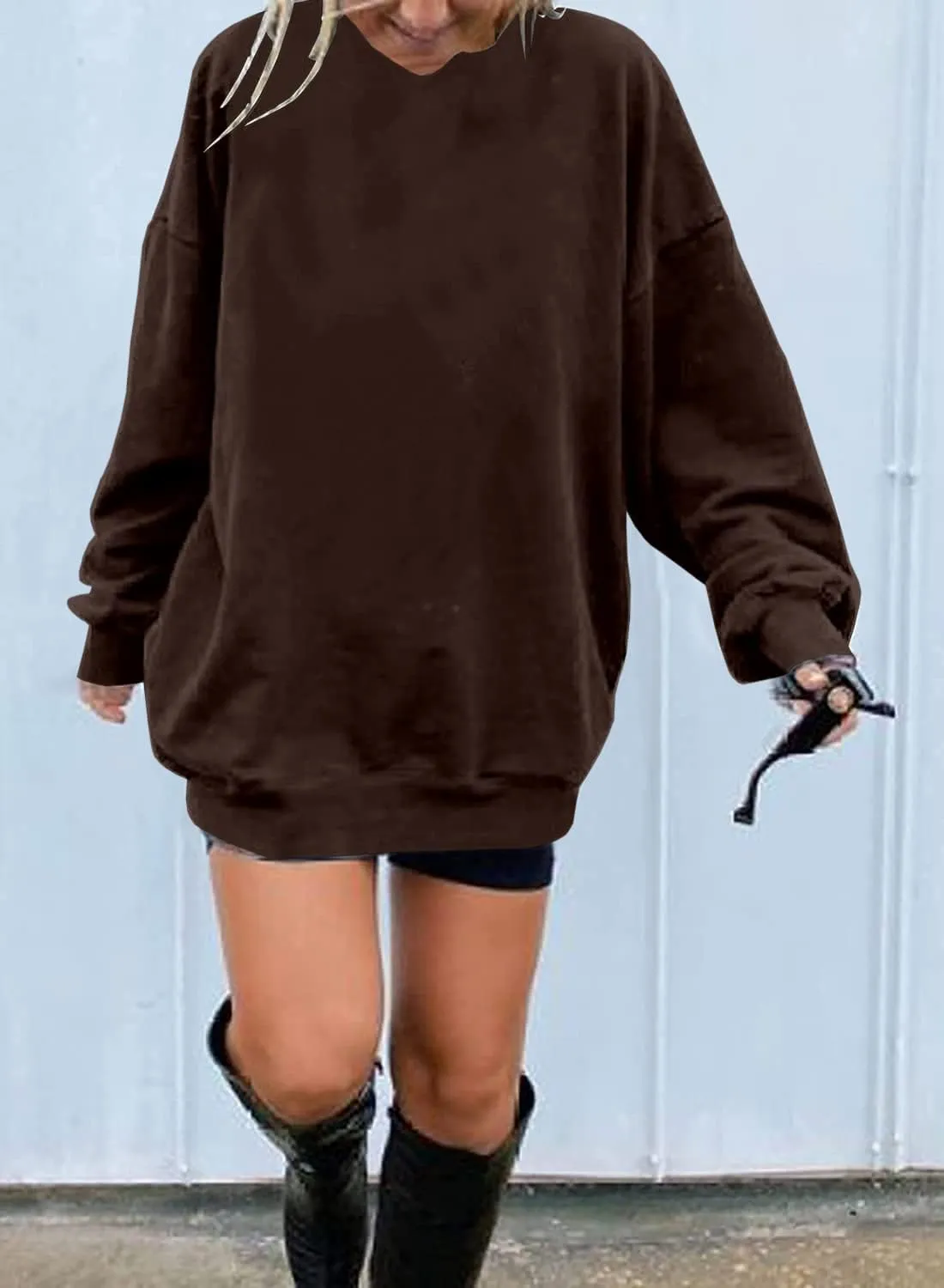Ebifin Women's Oversized Long Sleeve Sweatshirts Pure Color Round Neck Casual Pullover Shirt