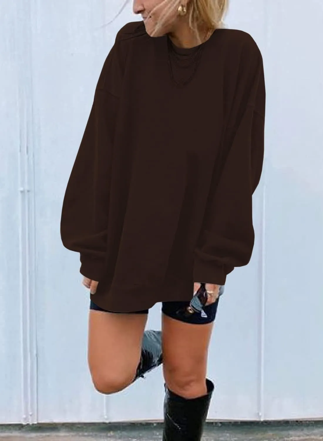 Ebifin Women's Oversized Long Sleeve Sweatshirts Pure Color Round Neck Casual Pullover Shirt