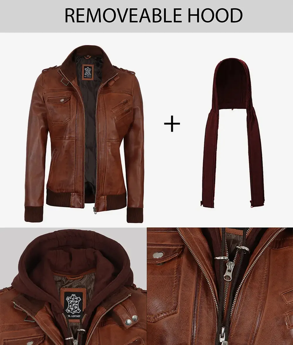 Edinburgh Womens Brown Cognac Bomber Hooded Leather Jacket