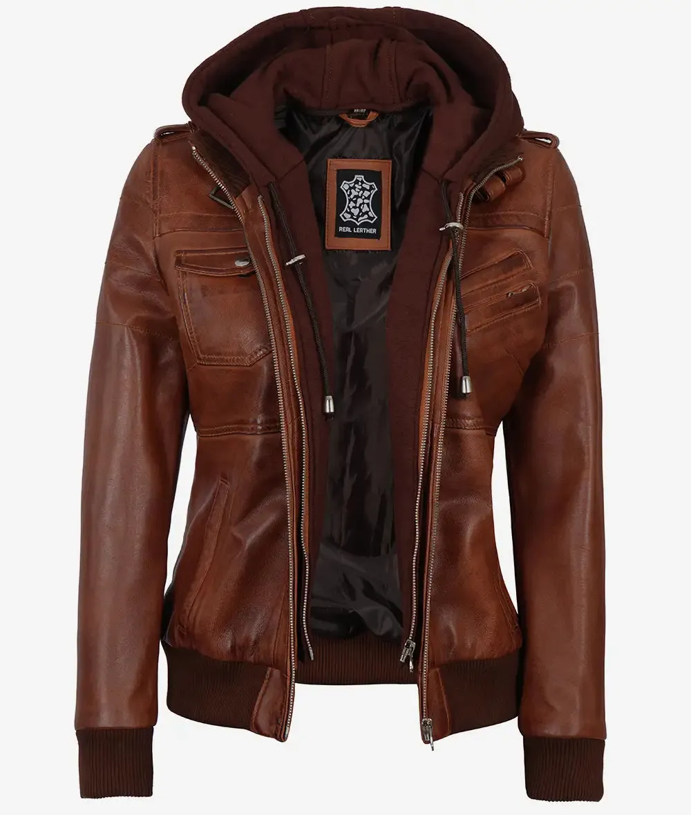 Edinburgh Womens Brown Cognac Bomber Hooded Leather Jacket