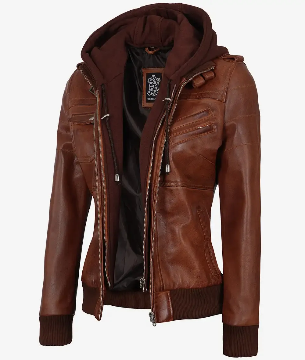 Edinburgh Womens Brown Cognac Bomber Hooded Leather Jacket