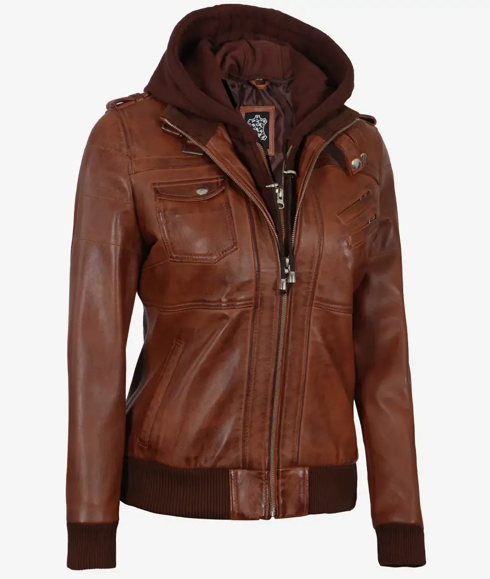 Edinburgh Womens Brown Cognac Bomber Hooded Leather Jacket