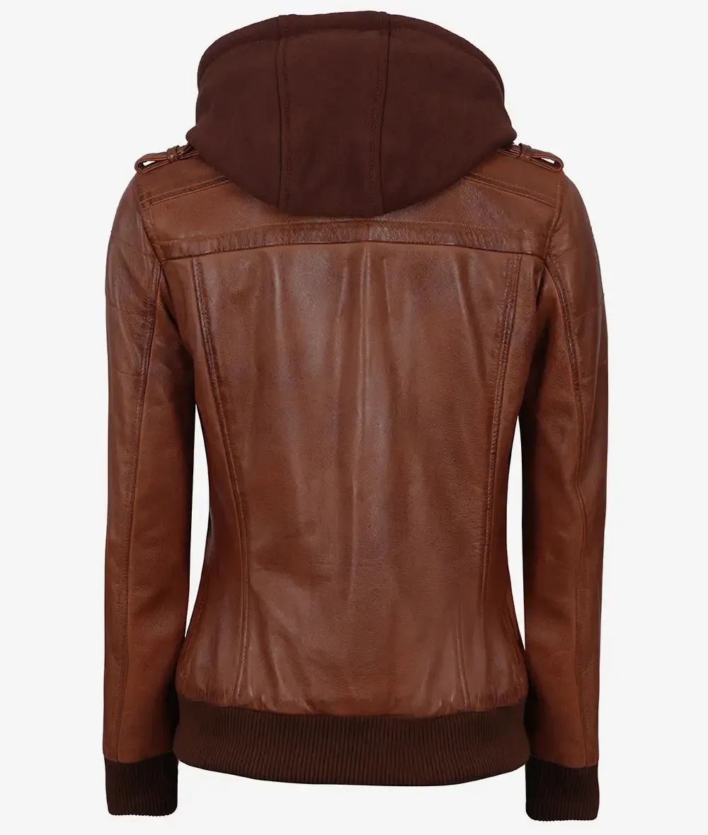 Edinburgh Womens Brown Cognac Bomber Hooded Leather Jacket