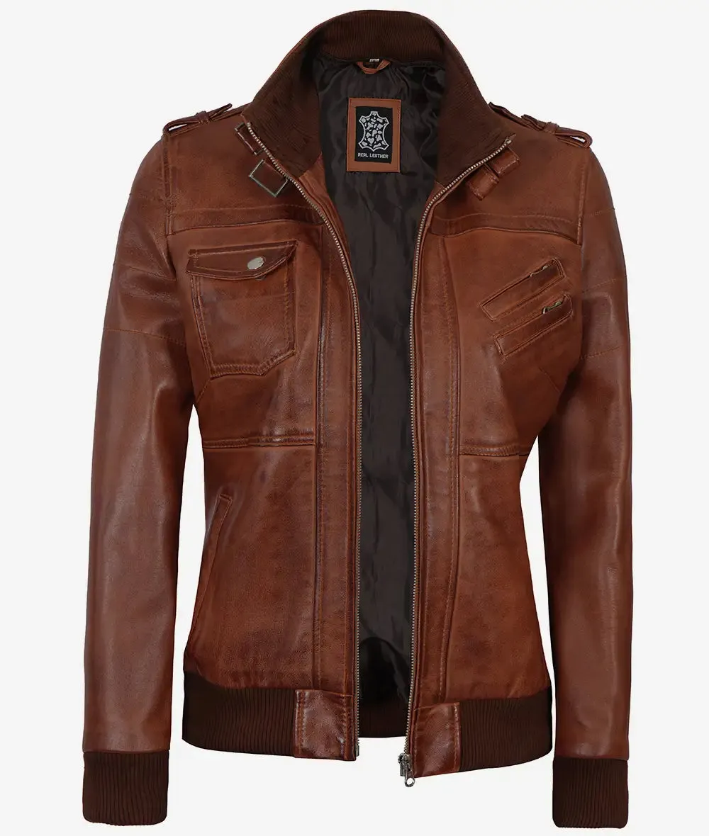 Edinburgh Womens Brown Cognac Bomber Hooded Leather Jacket
