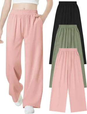 EXARUS 3 Pack Girls Wide Leg Pants Loose Trousers Linen Flowy with Pockets Elastic Waist Casual for Kids 6-12Y