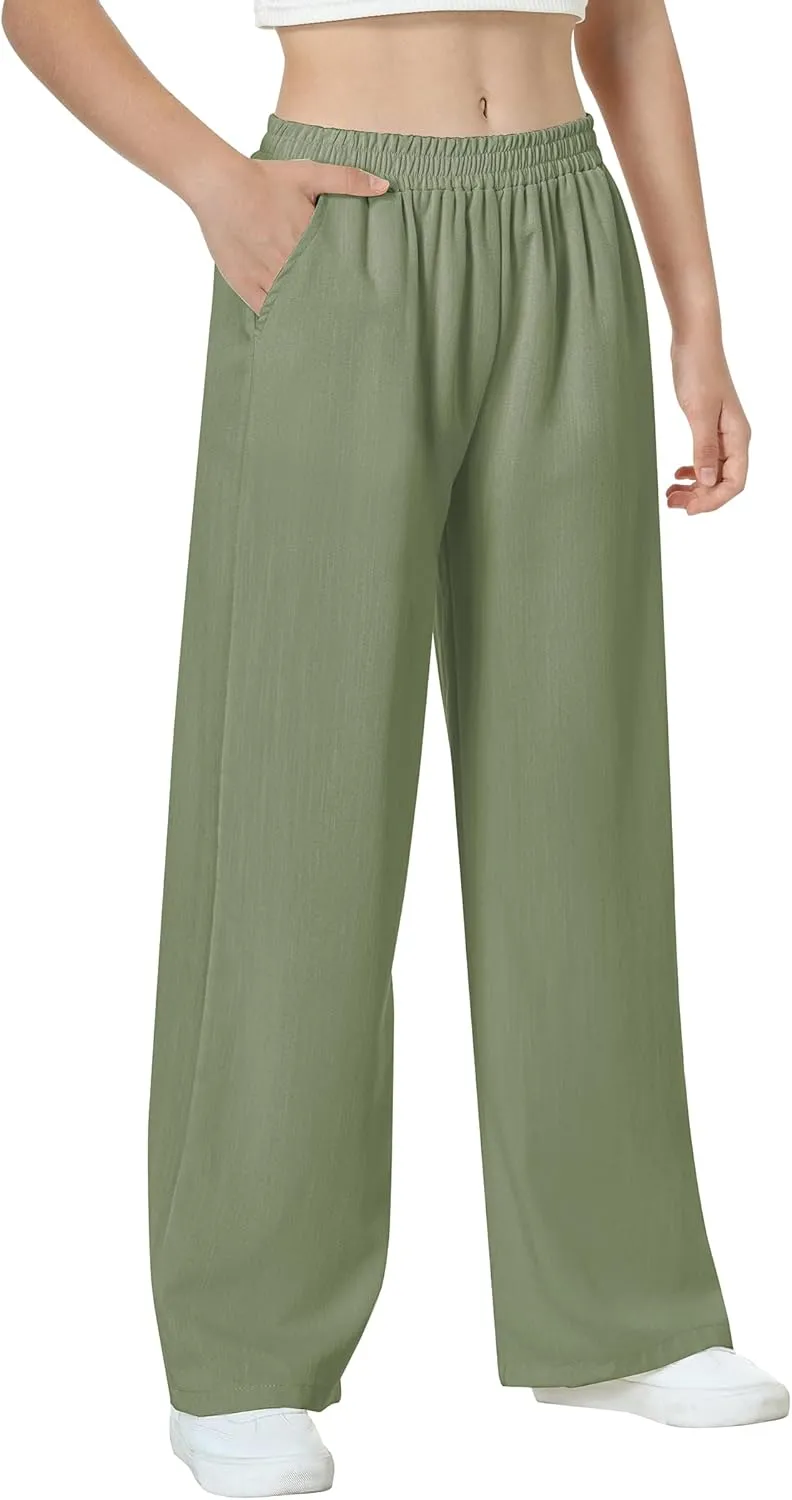 EXARUS 3 Pack Girls Wide Leg Pants Loose Trousers Linen Flowy with Pockets Elastic Waist Casual for Kids 6-12Y