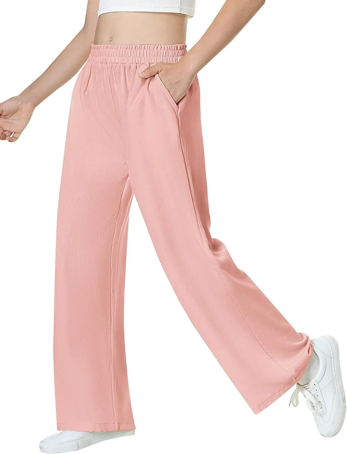EXARUS 3 Pack Girls Wide Leg Pants Loose Trousers Linen Flowy with Pockets Elastic Waist Casual for Kids 6-12Y
