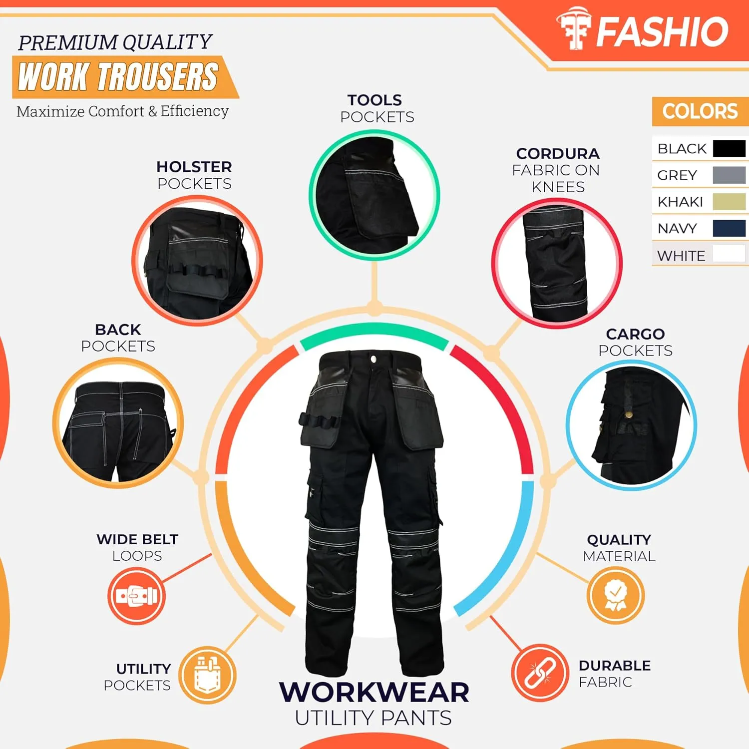FASHIO FF Men's Cordura Work Pants Tactical Trousers with Utility Tool Pockets Heavy Duty Reinforced Carpenter Safety Pants