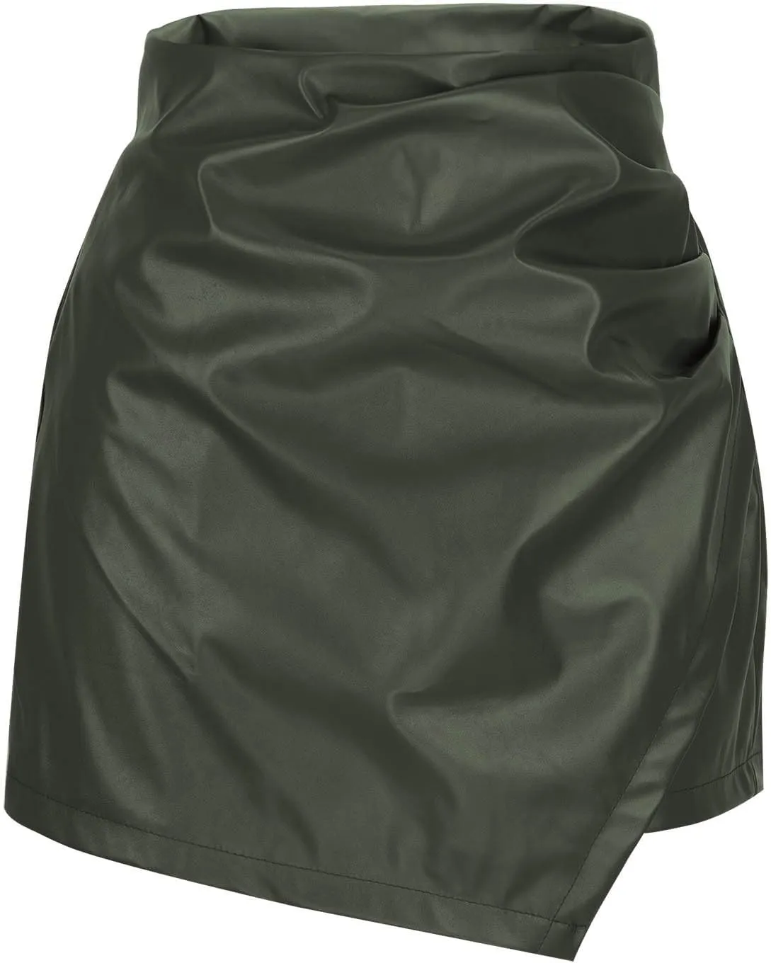 Faux Leather Skorts for Woman High Waisted Ruched Wrap Skorts Skirts Asymmetric Hem Slim Bodycon Skirt with Shorts