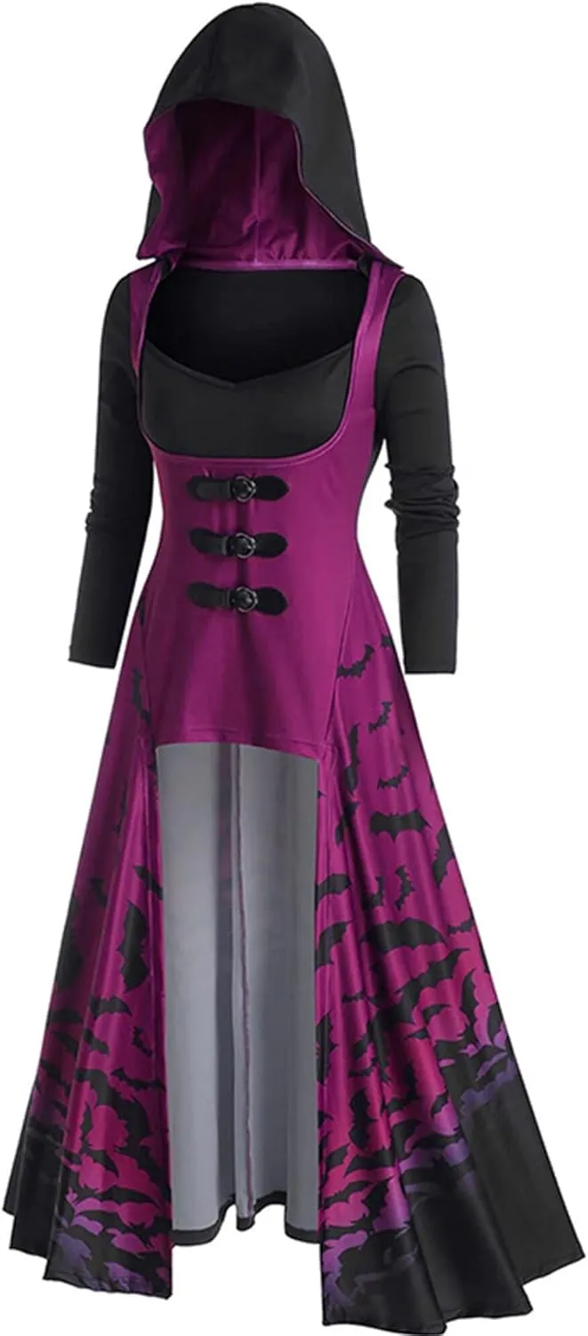 FEOYA Womens Renaissance Costumes Hooded Robe Lace Up Vintage Pullover High Low Long Hoodie Dress Cloak