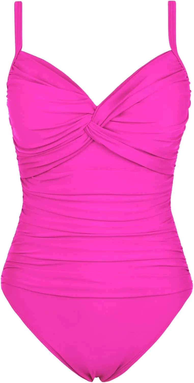 Firpearl Underwire Swimsuits for Women Ruched Tummy Control One Piece Bathing Suits Push Up Twist Front Swimwear