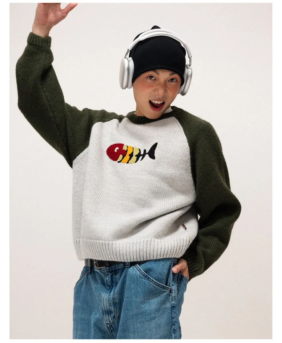 Fish retro wool knit sweater   N2596
