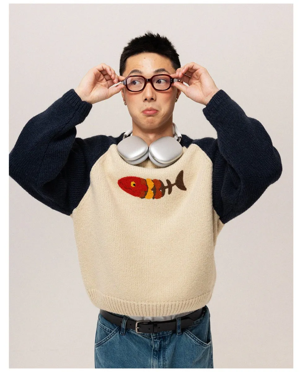 Fish retro wool knit sweater   N2596