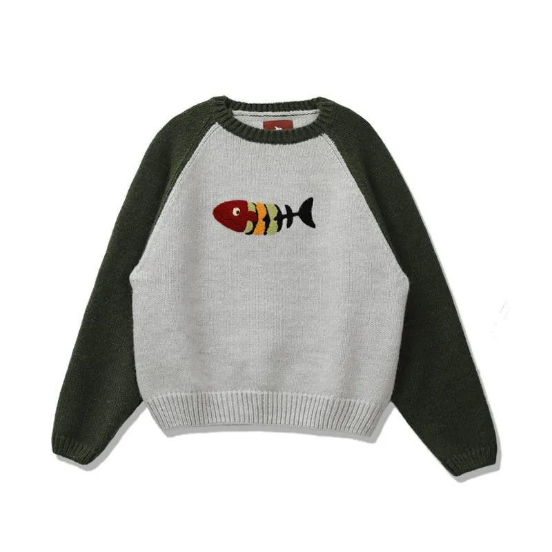Fish retro wool knit sweater   N2596