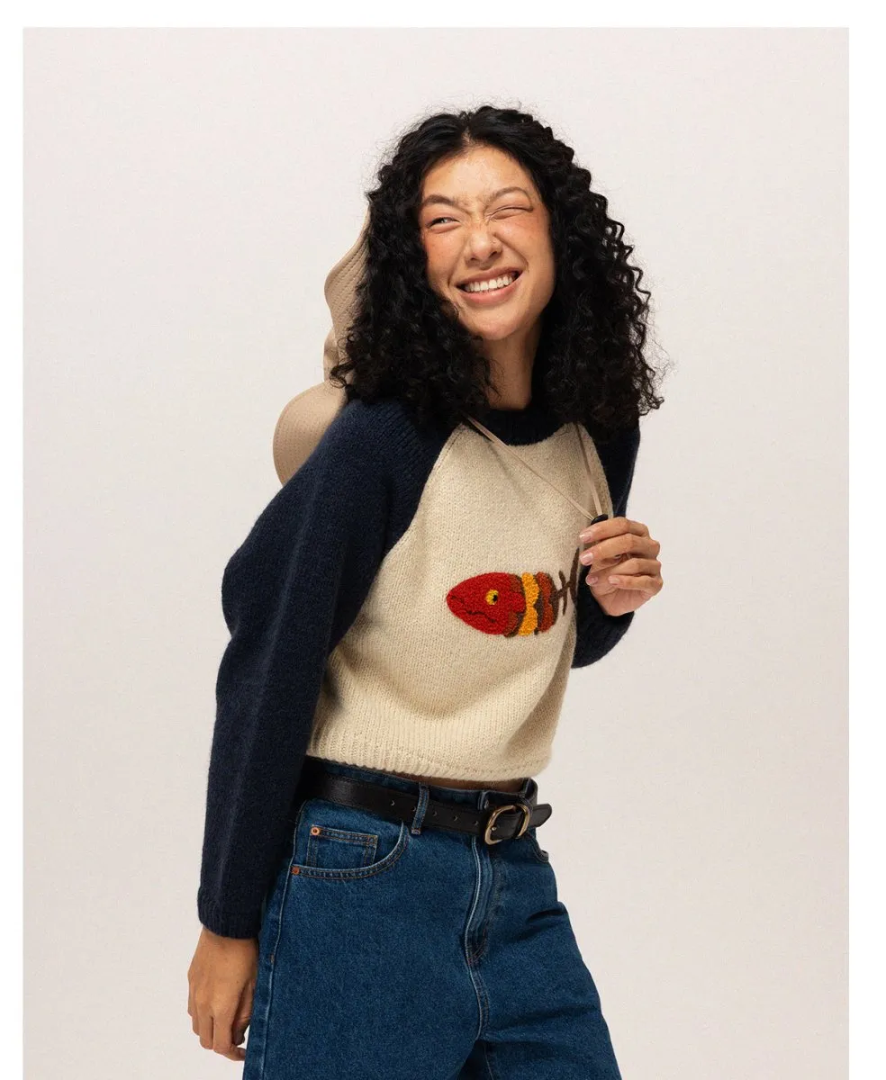 Fish retro wool knit sweater   N2596