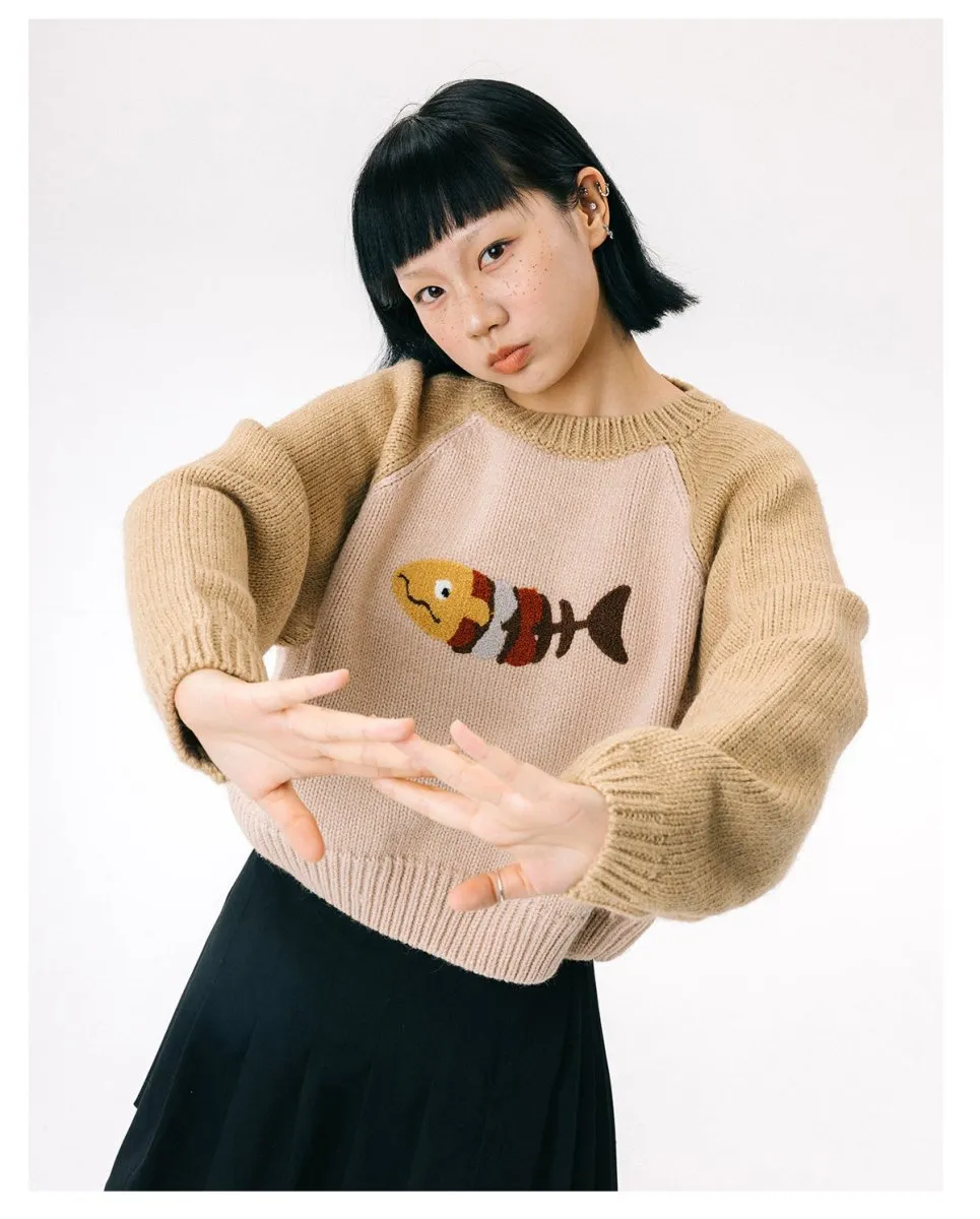 Fish retro wool knit sweater   N2596