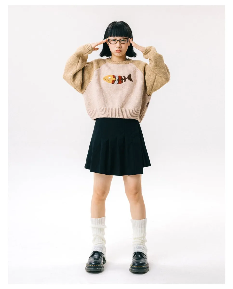 Fish retro wool knit sweater   N2596