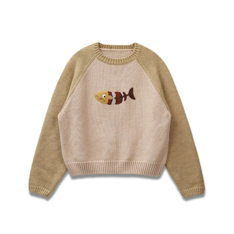 Fish retro wool knit sweater   N2596
