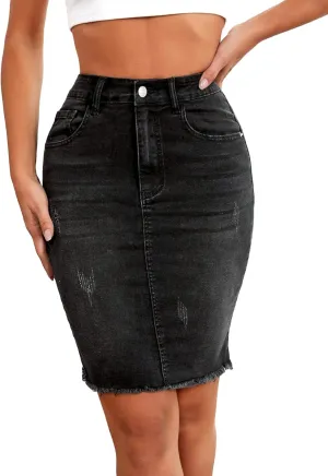 Floerns Women's Casual High Waist Raw Hem Bodycon Pencil Denim Skirt