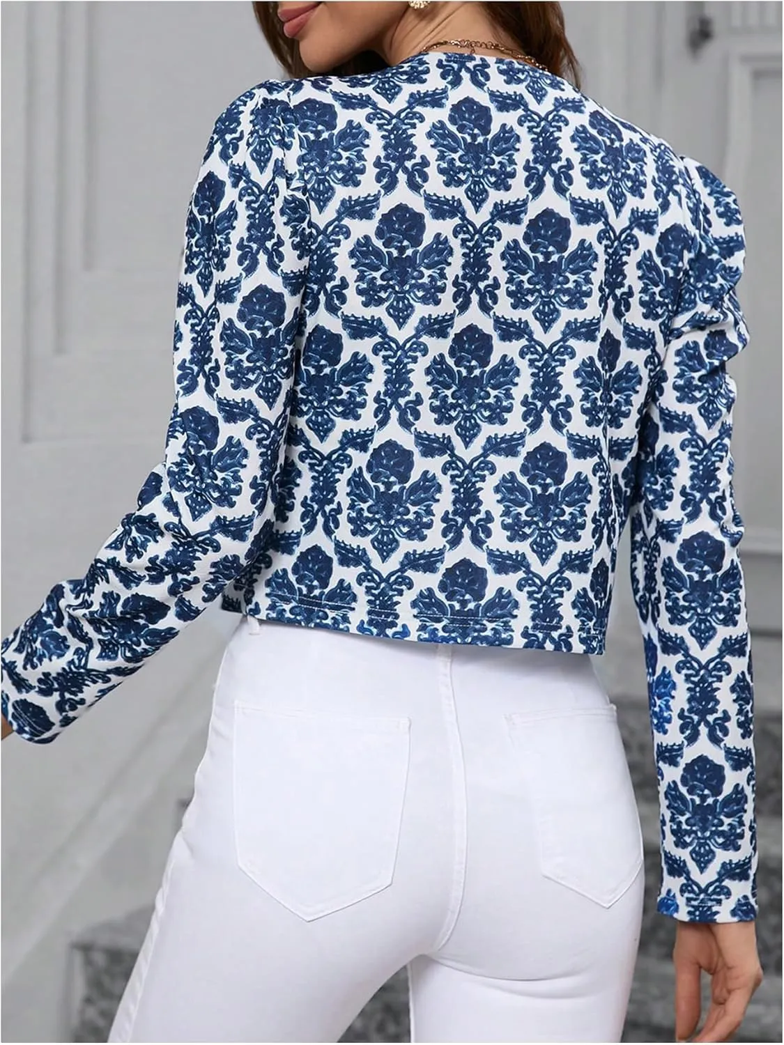 Floerns Women's Floral Print Gigot Long Sleeve Coat Open Front Cropped Jacket Outwear