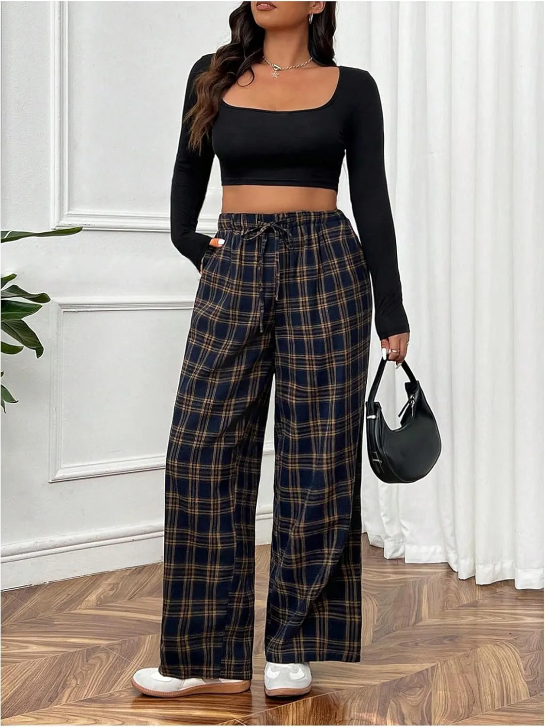 Floerns Women's Plus Size Drawstring High Waisted Plaid Street Wide Leg Pants Trousers