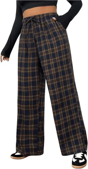 Floerns Women's Plus Size Drawstring High Waisted Plaid Street Wide Leg Pants Trousers