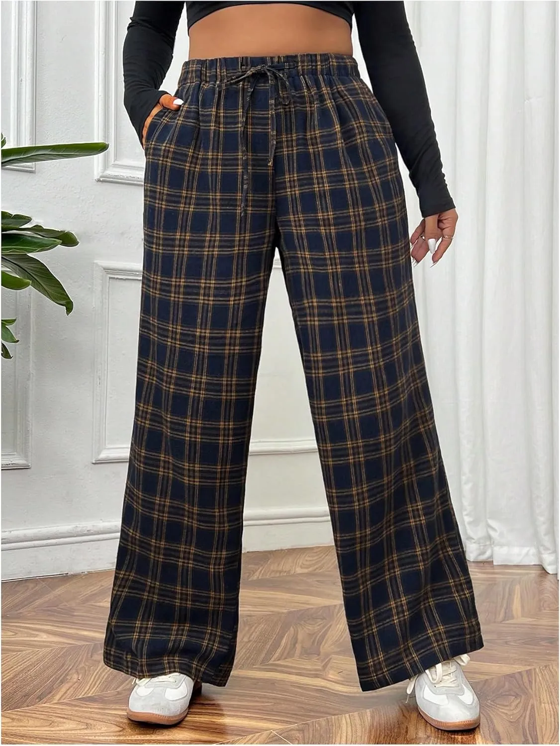 Floerns Women's Plus Size Drawstring High Waisted Plaid Street Wide Leg Pants Trousers