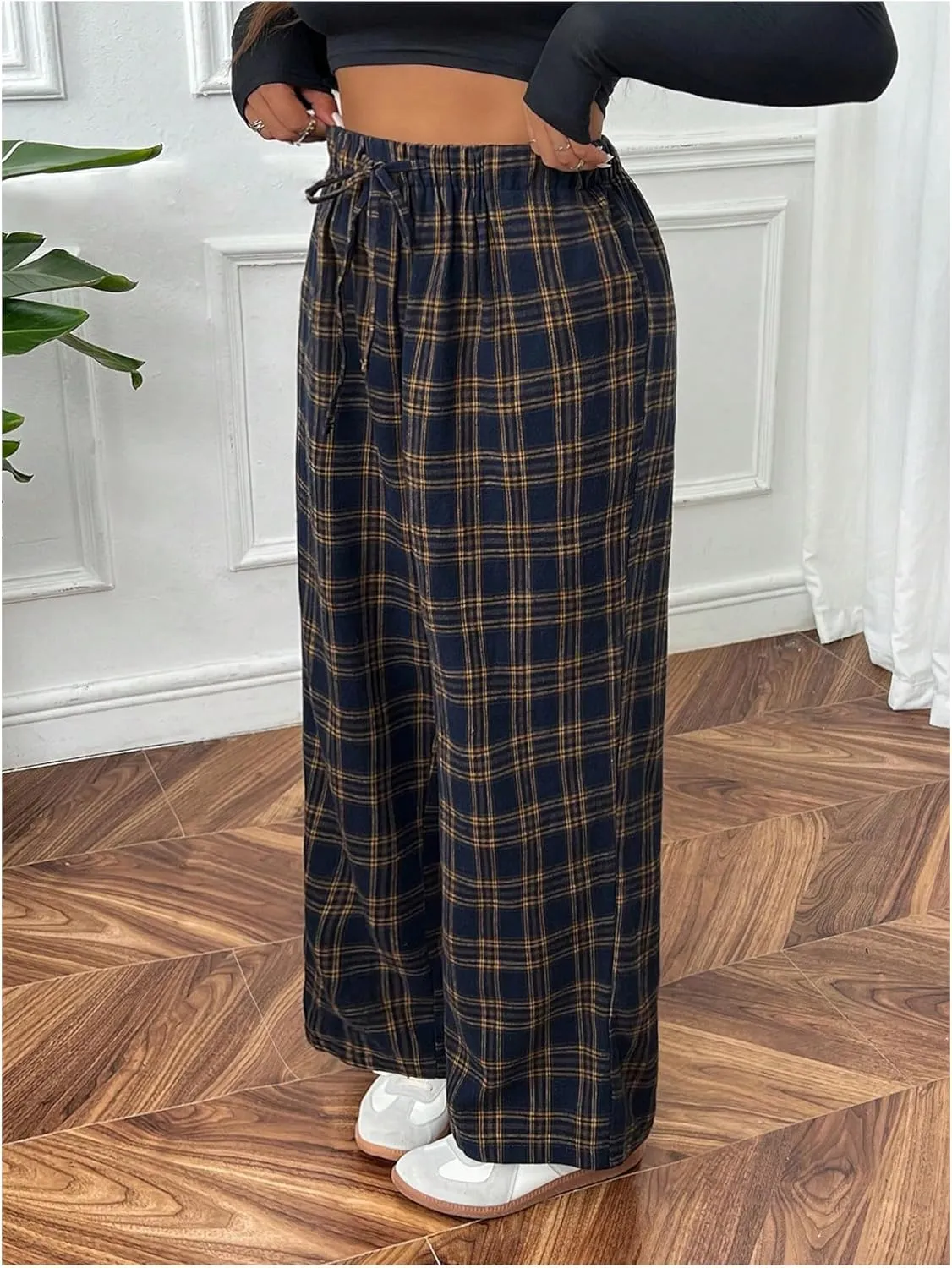 Floerns Women's Plus Size Drawstring High Waisted Plaid Street Wide Leg Pants Trousers