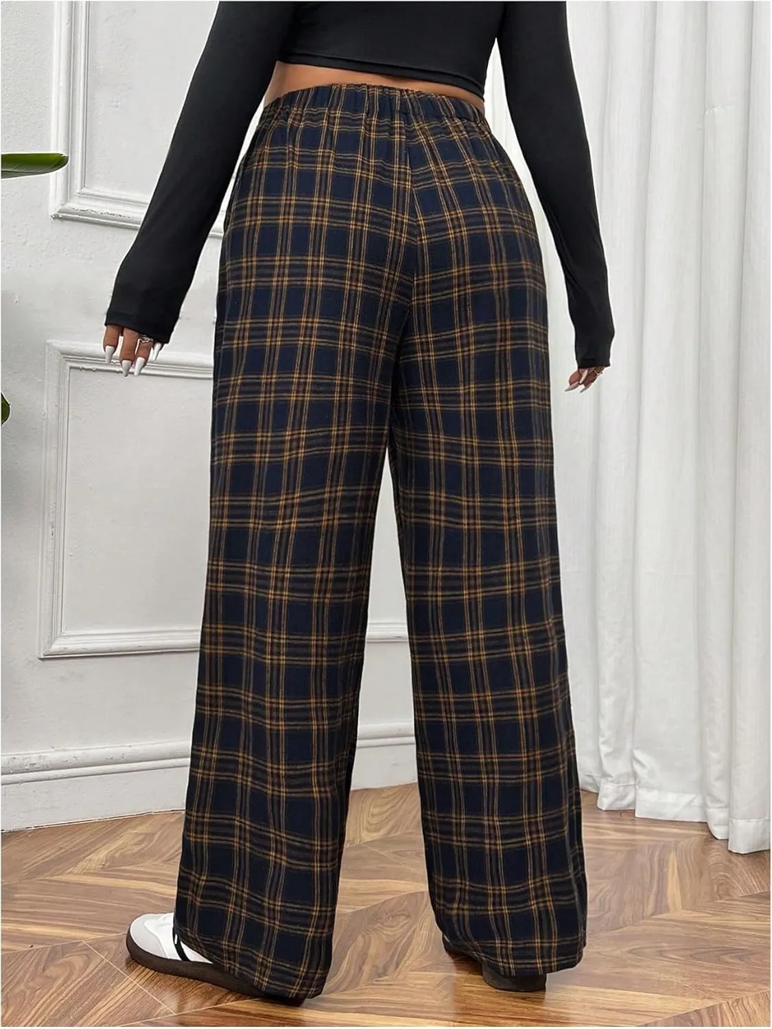 Floerns Women's Plus Size Drawstring High Waisted Plaid Street Wide Leg Pants Trousers