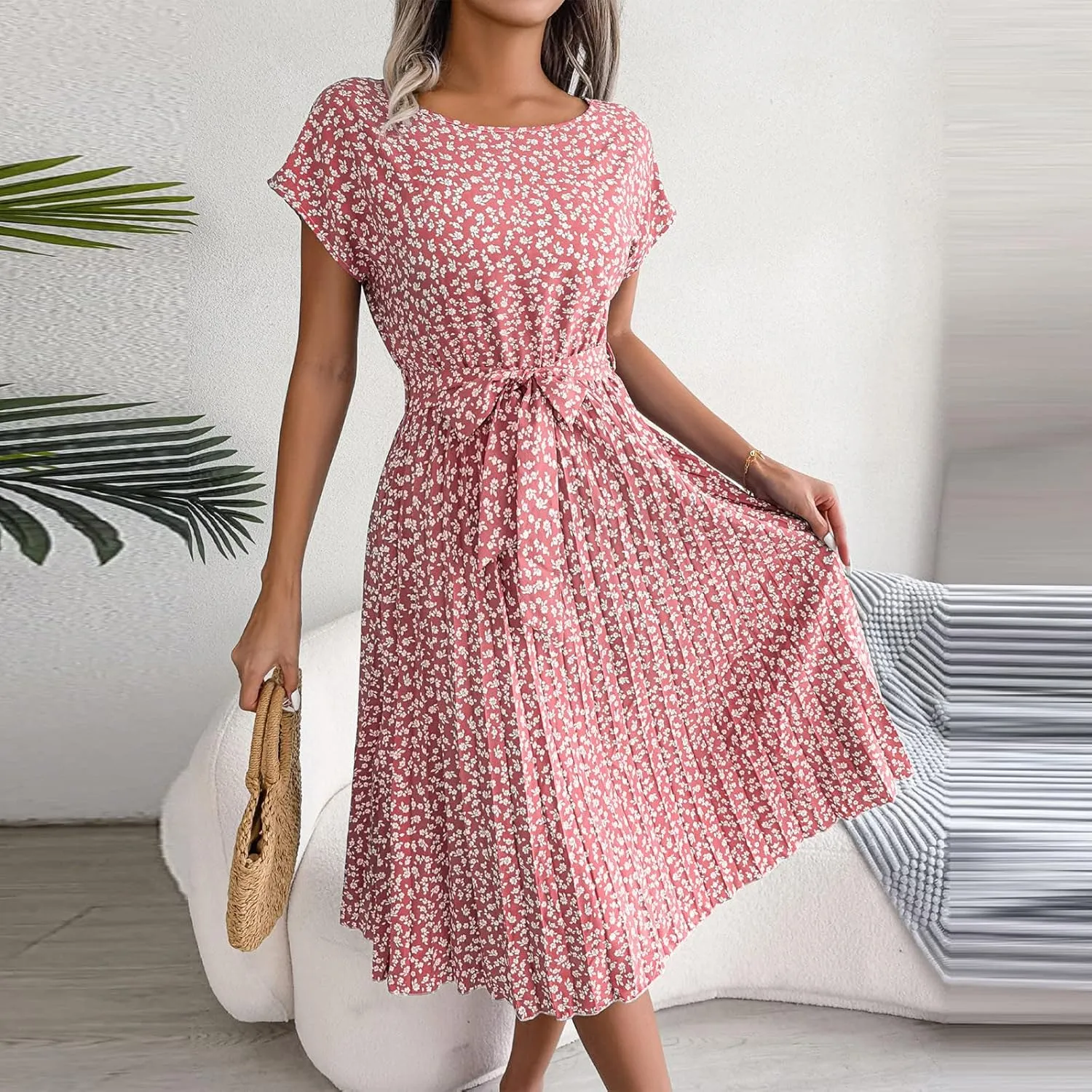 Floral Dress for Women Crewneck Short Sleeve A Line Casual Summer Dresses Chiffon Tie Waist Pleated Midi Boho Dress