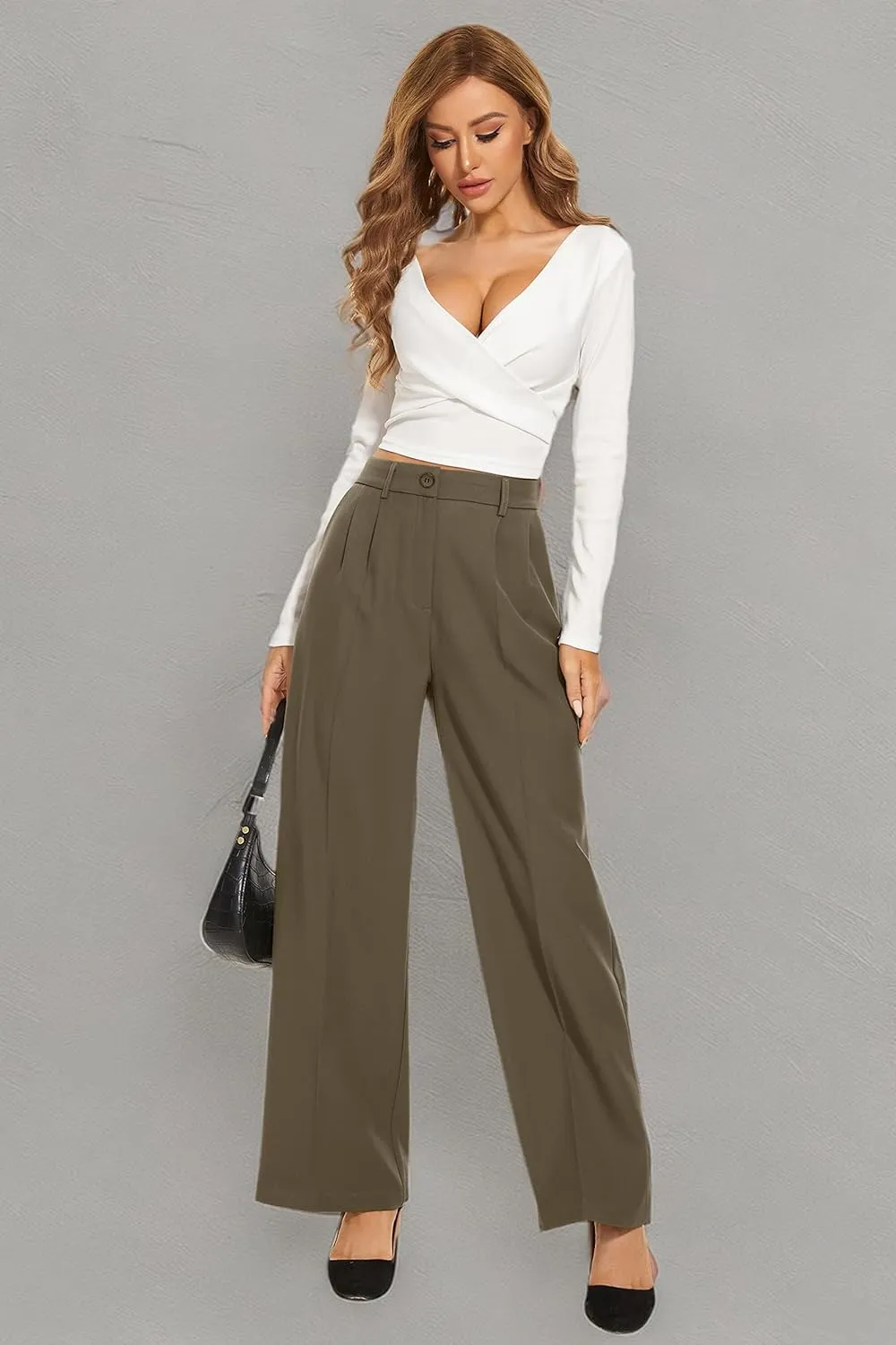 FUNYYZO Wide Leg Pants Women's High Elastic Waisted in The Back Business Work Trousers Long Straight Suit Pants