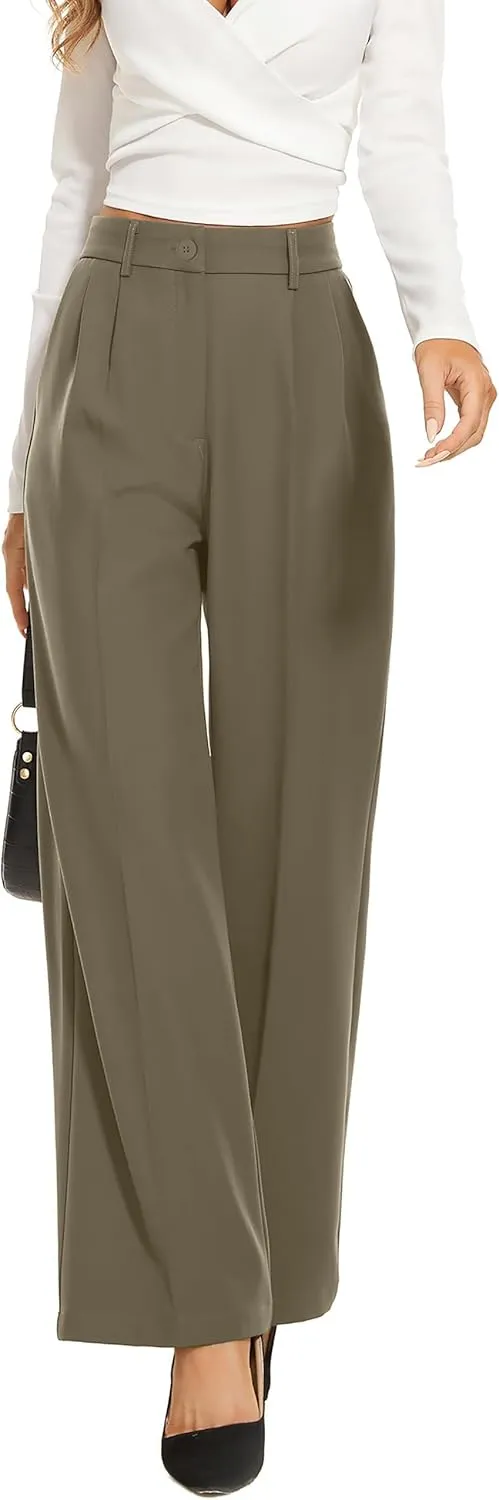 FUNYYZO Wide Leg Pants Women's High Elastic Waisted in The Back Business Work Trousers Long Straight Suit Pants