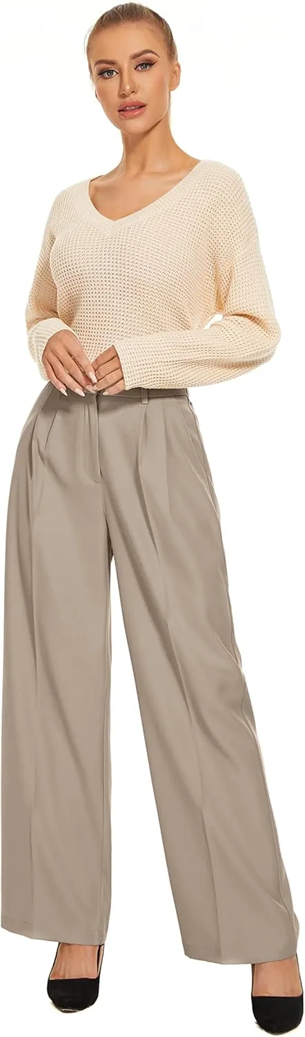 FUNYYZO Wide Leg Pants Women's High Elastic Waisted in The Back Business Work Trousers Long Straight Suit Pants