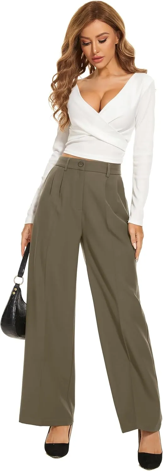 FUNYYZO Wide Leg Pants Women's High Elastic Waisted in The Back Business Work Trousers Long Straight Suit Pants